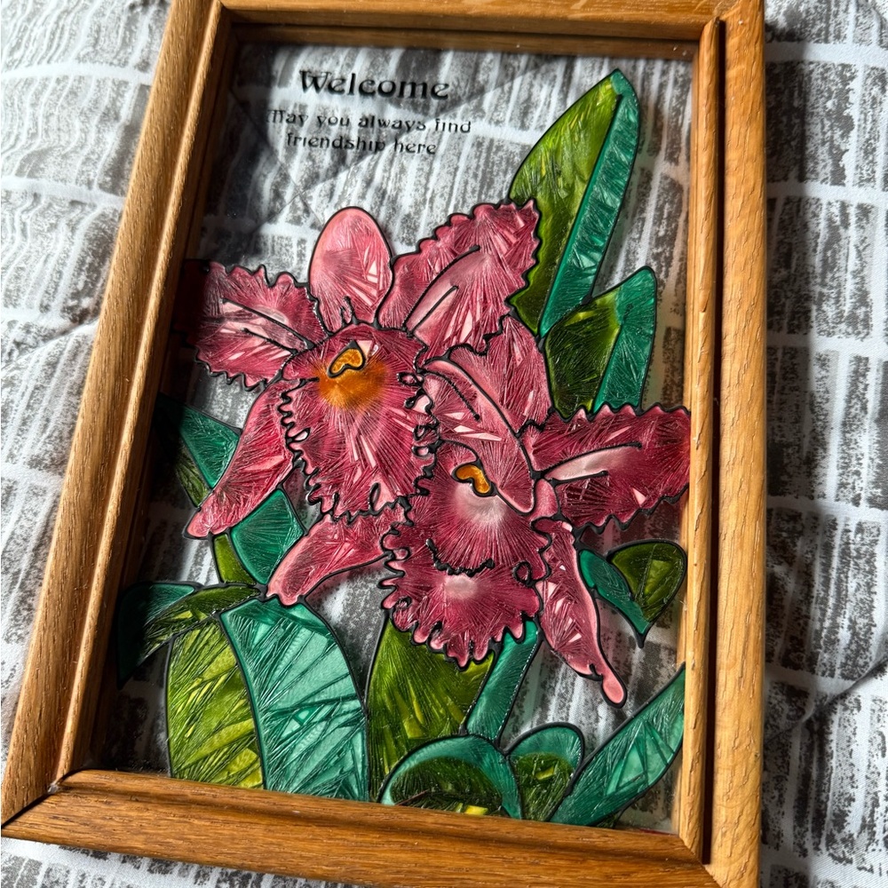 Floral Stained Glass Art in Wooden Frame